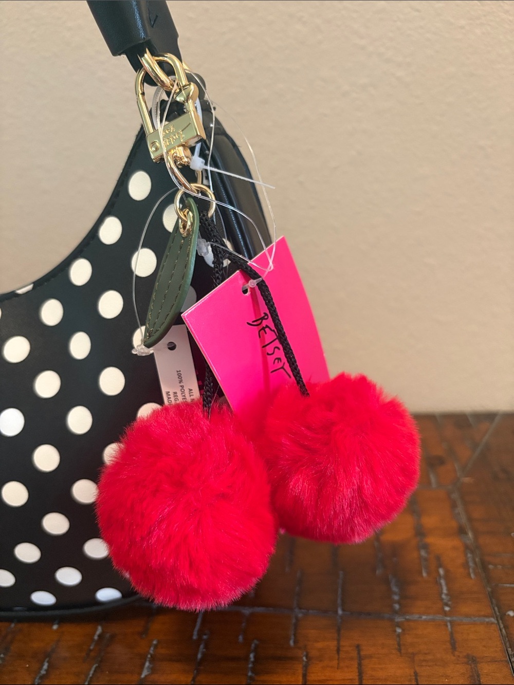 Betsey Johnson Black & White Polka Dot Crescent Shoulder Bag with Cherry Charm - Picture 4 of 16
